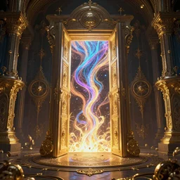 magical energy flowing into an open door to another dimension, highly detailed and intricate, golden ratio, pi, asymmetrical, wide shot, freaky colouration, 8k render, hypermaximalist, ornate