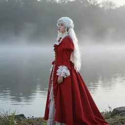 beautiful lady with white long hair and dressed with a red victorian cloak, standing in a lake, mist, morning light, dreamy atmosphere, cinematic