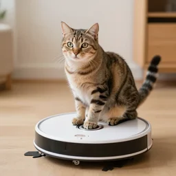 cat high on catnip sitting on a robot cleaner, roomba, dynamic, artstation, motion blur