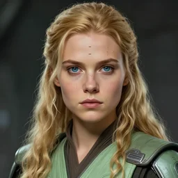 photography of a young female jedi human with perfect face, long blonde hair ( a little bit curly ), blue eyes, a green pale mechanic outfit, she have three little scars parallel and of the same size on her forehead, focus, star wars legends, science fiction, intricate, highly detailed, digital painting, artstation, concept art, matte, sharp focus, illustration, art by artgerm and greg rutkowski and alphonse mucha