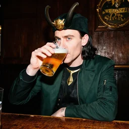 loki drinking lager at uk pub, flash photography