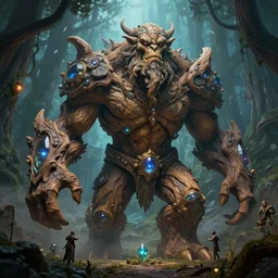 arcane fantasy art giant golem elemental wood rock bastion forged gemstone enchanted forest troll, global illumination ray tracing hdr fanart arstation by sung choi and eric pfeiffer and gabriel garza and casper konefal lisa frank zbrush central hardmesh