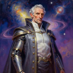 A cyborg Nikola Tesla as the ultimate tyrant emperor of the universe. Realistic sci-fi concept. Trending on ArtStation. A vibrant digital oil painting. A highly detailed fantasy character illustration by Wayne Reynolds and Charles Monet and Gustave Dore and Carl Critchlow and Bram Sels