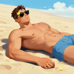 a lemon with sunglasses and an extremely muscular human body lying on a beach trending on artstation, painted by greg rutkowski