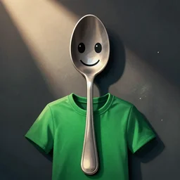catalog illustration of a spoon with eyes and a smile with a green tshirt on