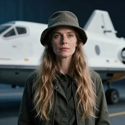 a portrait of a beautiful woman standing by a space ship by tim walker, long hair, aged 2 5, swedish, wearing a travel hat, photo realistic, real life, photograph, 3 5 mm, octane render, trending on artstation