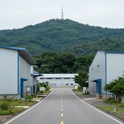 a centered road next to warehouses, and a tree hill background with a radio tower on top, 3 0 0 mm telephoto lens