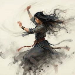 face of a female shaman wizard dances or fight with the wind, painting by jeffrey catherine jones