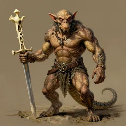 dog - faced muscular goblin, ugly face, lizard tail, holding scimitar made of bone, hyper - detailed, primeval fantasy, prehistoric fantasy, drawn by frank frazetta