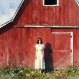 a young woman with black hair wearing a white! dress! standing in the shadow of a red barn. paint brush strokes, watercolor, cinematic light, establishing shot, sense of melancholy and awe, fantastic, fantasy, trending on artstation, american romanticism by hans dahl, greg rutkowski, tyler edlin