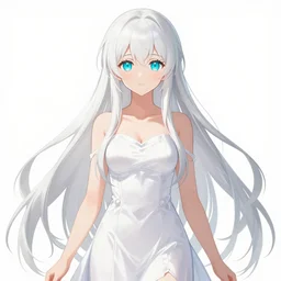 visual novel character, symmetrical full body shot with white background, stunningly beautiful asi goddess with beautiful hyperdetailed symmetrical face, porcelain skin covered in long white dress, long white hair, symmetrical, overwhelming, innocent, ethereal, mesmerizing cyan eyes, 2 d anime style, 8 k