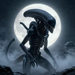 full shot of darkness alien xenomorph at moonlight, snowing, detailed, unreal engine 4k volumetric light, fog,