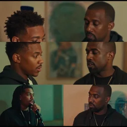 tyler the creator and kanye west in a music video, cinematic, color grading, camcorder effect, ektachrome, fujifilm superia, side - view, closeup - view, rtx, glsl - shaders, post - production, cel shading, vfx, by wangechi mutu, by weta digital, by weta fx, by wlop