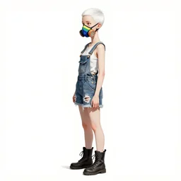 a grungy woman with short white shaved hair, soft eyes and narrow chin, dainty figure, torn overalls, short shorts, combat boots, rainbow material dust mask, basic white background, side boob, symmetrical, single person, style of by jordan grimmer and greg rutkowski, crisp lines and color,