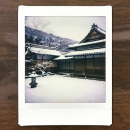 atmospheric polaroid photograph of a snowy japanese courtyard