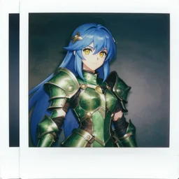 polaroid picture of a female paladin, green armor, blue hair, yellow eyes, white skin, beautiful, cute, badass, by rossdraws, ralph horsley, pixiv, instagram