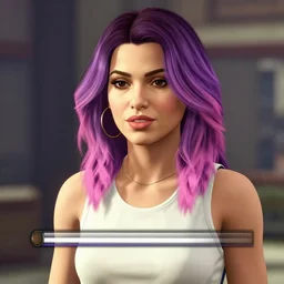 a stunning GTA V loading screen with a beautiful woman with ombre hairstyle in purple and pink blowing in the wind listening to music on headphones, outrun, vaporware, beautiful sky with cumulus couds, golden ratio, digital art, trending on artstation