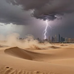 the Abu Dhabi desert during a monsoon dust storm, dust storm in the United Arab Emirates desert, Haboob in the background w/ bolts of lightning striking the cityscape of Dubai, fantasy illustration, detailed painting, and deep color