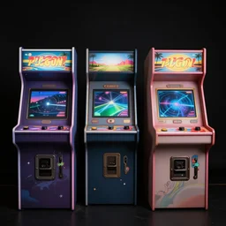 arcade machines, black background, 7 0 s airbrush