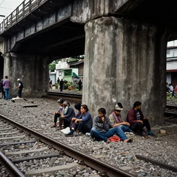 poor people life under railway bridge, award winning, realistic, 2 0 0 0 p, hyper details, by steve mccury, best on adobe stock, cinematic, detailed place and people