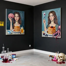 an empty apartment with black walls and a portrait of a female art student holding a brain, iv drip, honey, organic, femme, high voltage warning sign, pancakes, berries, octopus, surgical supplies, skull, scientific glassware, art materials, candle dripping wax, berry juice drips, neo - expressionism, surrealism, acrylic and spray paint and oilstick on canvas