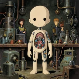 portrait of minimalist cyborg midget with painful implants inside byzantine kowloon hoarder labaratory filled with dieselpunk equipment, portrait by by greg rutkowski and h. r. giger and stalenhag and deak ferrand, studio ghibli composition