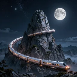 Really long organic cronenberg rocket train scaling spiraling a towering mountain starry moonlit night sky, amazing digital art 4k