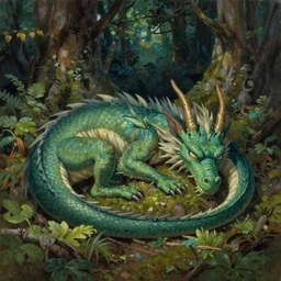 a sleeping dragon in a forest, highly detailed oil painting, rhads, bruce pennington, studio ghibli, by hildebrandt, by george inness digital
