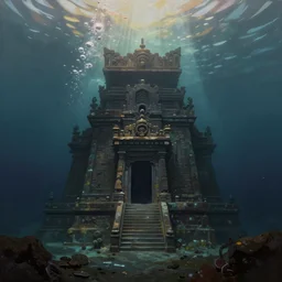 full color, wide shot of submerged pre - incan temple, dark, underwater, symmetrical, crepuscular rays, bubbles, abyss, grenada underwater sculpture park, anime style mixed with fujifilm, oil on canvas, brushstrokes, very dark, murky, foggy, atmospheric, artstation, cgsociety, octane render, cgi, unreal engine 5, denoise, detailed, cinematic masterpiece