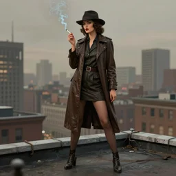 concept art 1930's noir style female detective on rooftop above city smoking cigarette