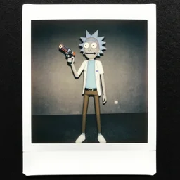 old polaroid of a full body realistic rick sanchez holding his portal gun, pictorialism, black and white