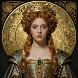 beautiful young medieval queen by evelyn de morgan, iris van herpen, jean delville, james jean, art nouveau, visionary, symbolist, detailed face portrait octane render, ornate garments, beautifully lit
