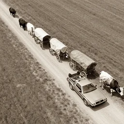 a birds - eye view sepia photograph of a delorean in a line with covered wagons and cattle