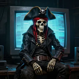 a cyberpunk hacker pirate captain skeleton with a pirate hat sitting in front of a huge old crt monitor in a dark room, only light coming from crt monitor, highly detailed, intricate, digital art, trending on artstation, trending on cgsociety, by greg rutkowski