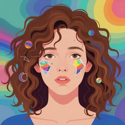 a colorful vibrant trippy closeup portrait of a simple caucasian woman with curly mid length brown hair with a calm afraid aesthetic face broken reflections mirrored dreamy vibes and dreaming psychedelic hair, by kawase hasui, moebius, edward hopper and james gilleard, zdzislaw beksinski, steven outram colorful flat surreal design, hd, 8 k, artstation