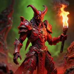 airbrush macro baphomet, in lava dollop armor, syd mead, chris foss, enric torres, alberto bontempi, feng zu hyper realism, narrative light, red & lime colors, epic, hyper detailed, awe inspiring, award winning horror, torch lighting, hyper realism, cinematical