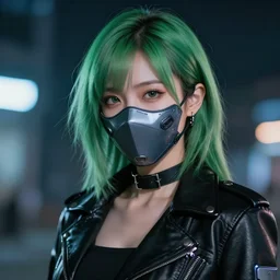 young Asian Cyberpunk woman with green hair, Close up portrait, wearing a leather jacket, face mask, hyperdetailed, artstation, cgsociety, 8k, nighttime