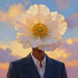 closeup, a giant flower as a head, a black woman in a suit, surreal photography, golden hour, colorful clouds, impressionist painting, digital painting, artstation, simon stalenhag