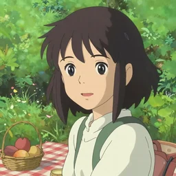 Portrait of a woman having a picnic in a verdant garden, beautiful face, highly detailed, photoshop, digital illustration, by Makoto Shinkai and Hayao Miyazaki, by Ilya Kuvshinov and Alphonse Mucha and Akihiko Yoshida