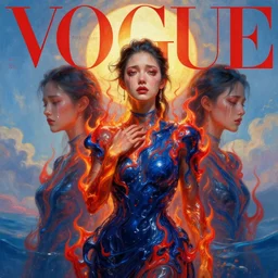 3 d, crying fashion model, flame, liquid deep blue and red water, sun, vogue cover style, poster art, high detail, intricate oil painting, multiple exposure, heaven mood, hyperrealism, 3 d, by tooth wu and wlop and beeple and greg rutkowski