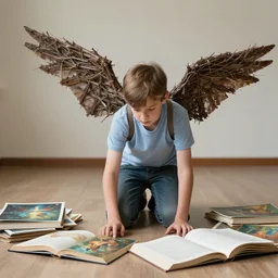 a young student of aeronautics is wearing on his back fake wings made from twigs. he is kneeling down on the floor, looking desperately at a pile of open books, fantasy painting