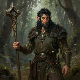 half shot of an old halfling druid with black spike hair, holding a powerful quarterstaff, in a forest, strong, d & d, fantasy, highly detailed, digital painting, artstation, concept art, character art, art by greg rutkowski and tyler jacobson and alphonse mucha
