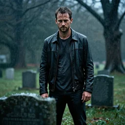 paul walker stands at a grave in the rain, dark, sweaty, dramatic, long lens, anamorphic, photography, michael bay