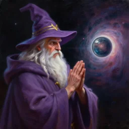 dungeon and dragons oil painting of wizard, white beard, hands clasped, with purple hat with a golden line across his hat whilst in space, on the right side of a distant planet nebula floating behind the planet, lens zoomed in, ethereal motion blur focusing on the wizard, trending on artsation