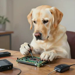 a painting of a humanoid labrador trying to fix broken electronics