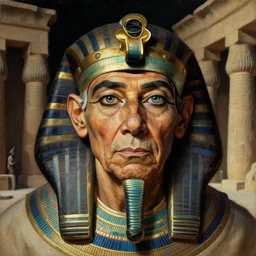 a closer personal portrait of a very old egyptian charles manson with very piercing eyes, very charismatic. in the old ancient temple of luxor. masterpiece, dark. painted by norman rockwell and james gurney