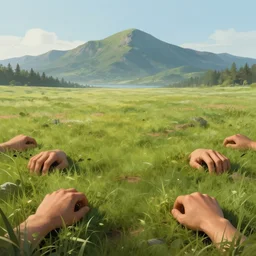 calm landscape with hands crawling out of the ground, plains in the center, mountains in the background, highly detailed, digital painting, artstation, concept art, smooth, sharp focus, illustration