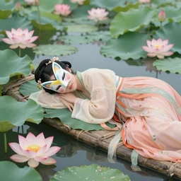 a beautiful picture of a girl in hanfu wearing a butterfly mask sleeps on the lake where lotus flowers are blooming,, by greg rutkowski and thomas kinkade, trending on artstation