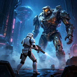 establishing shot white heavy gunner stormtrooper in a massive mass effect halo robot factory at night,blue haze, volume metric lighting, retracing, unreal, concept art cyperpunk video game poster design with intricate details :: action, gears of war, smoke, post apocalyptic, deathstar, Battlestar Galactica, neon lighting, lens flare, rich vibrant colors, High contrast, blizzard concept artist, acrion, Ralph McQuarrie, Roger Deakins, syd mead