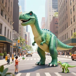 color still of new york city and the street is filled with dinosaurs